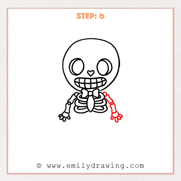 how to draw a cartoon skeleton - A cartoon skeleton head and ribcage with a bow tie, now with both arms drawn using segmented bones and small open hands.
